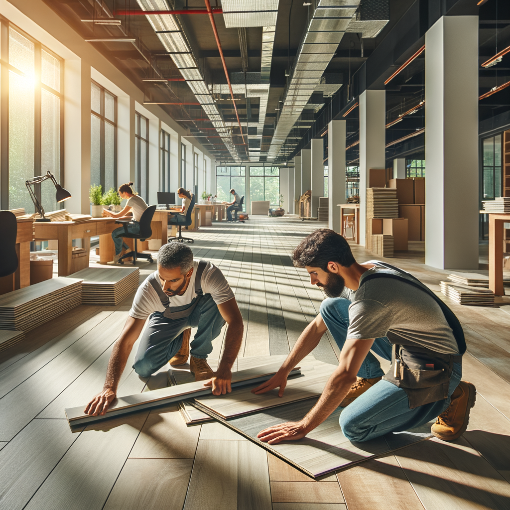 Professional student housing floors installation in progress with skilled flooring contractors working with luxury vinyl tile planks in modern commercial building interior by Rikett America