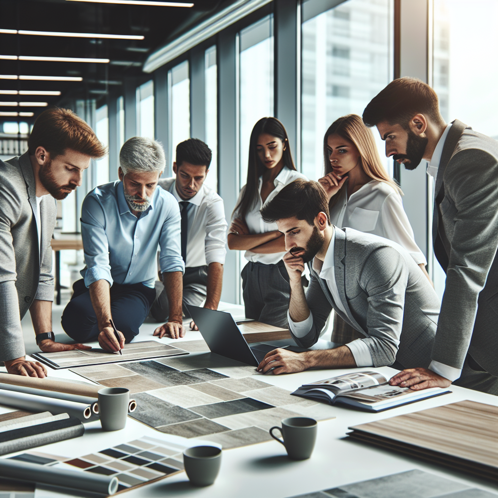 Luxury vinyl tile professional installation team at work with diverse contractors discussing project details